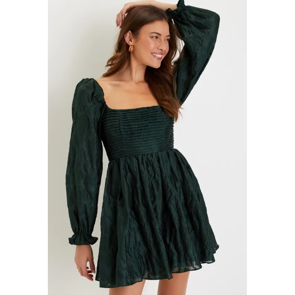 Lulu's Darling Persona Emerald Jacquard Puff Sleeve Mini Dress XL Edwardian